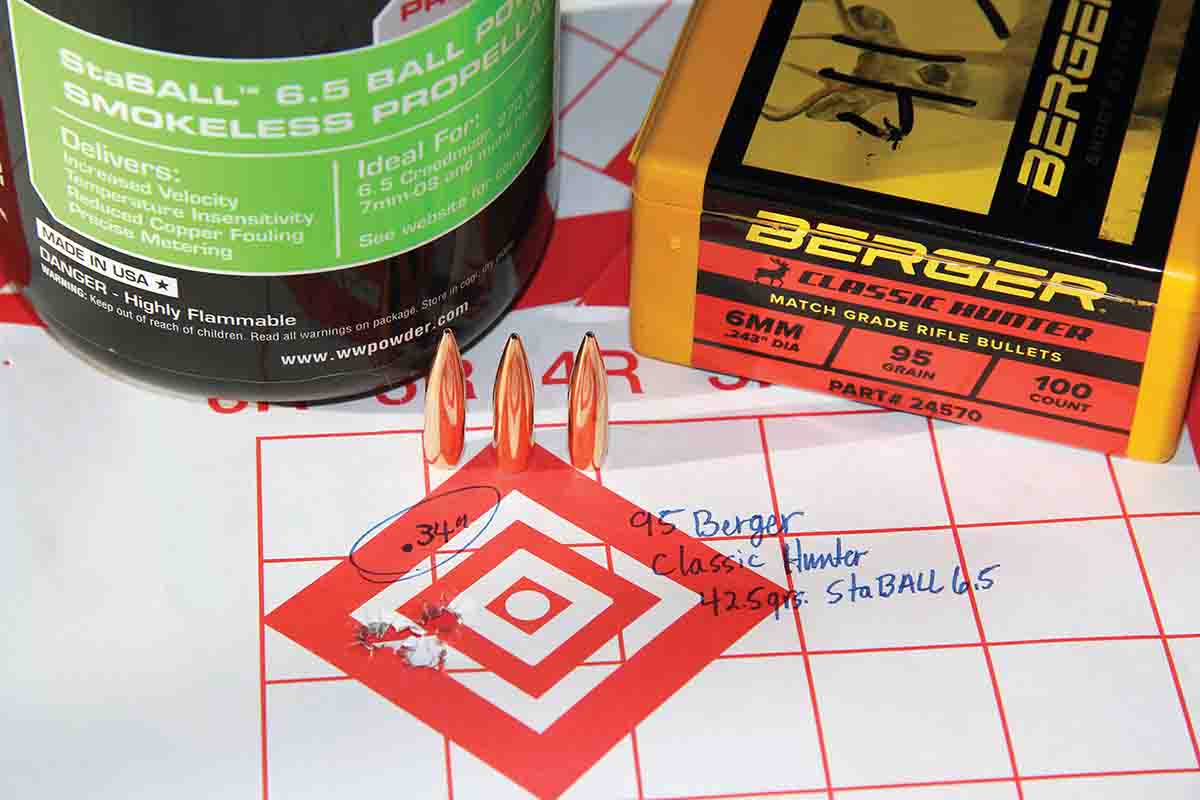 The smallest group assembled resulted from 42.4 grains of Winchester StaBALL 6.5 beneath Berger’s 95-grain Classic Hunter bullet, sent at a speedy 2,861 fps.